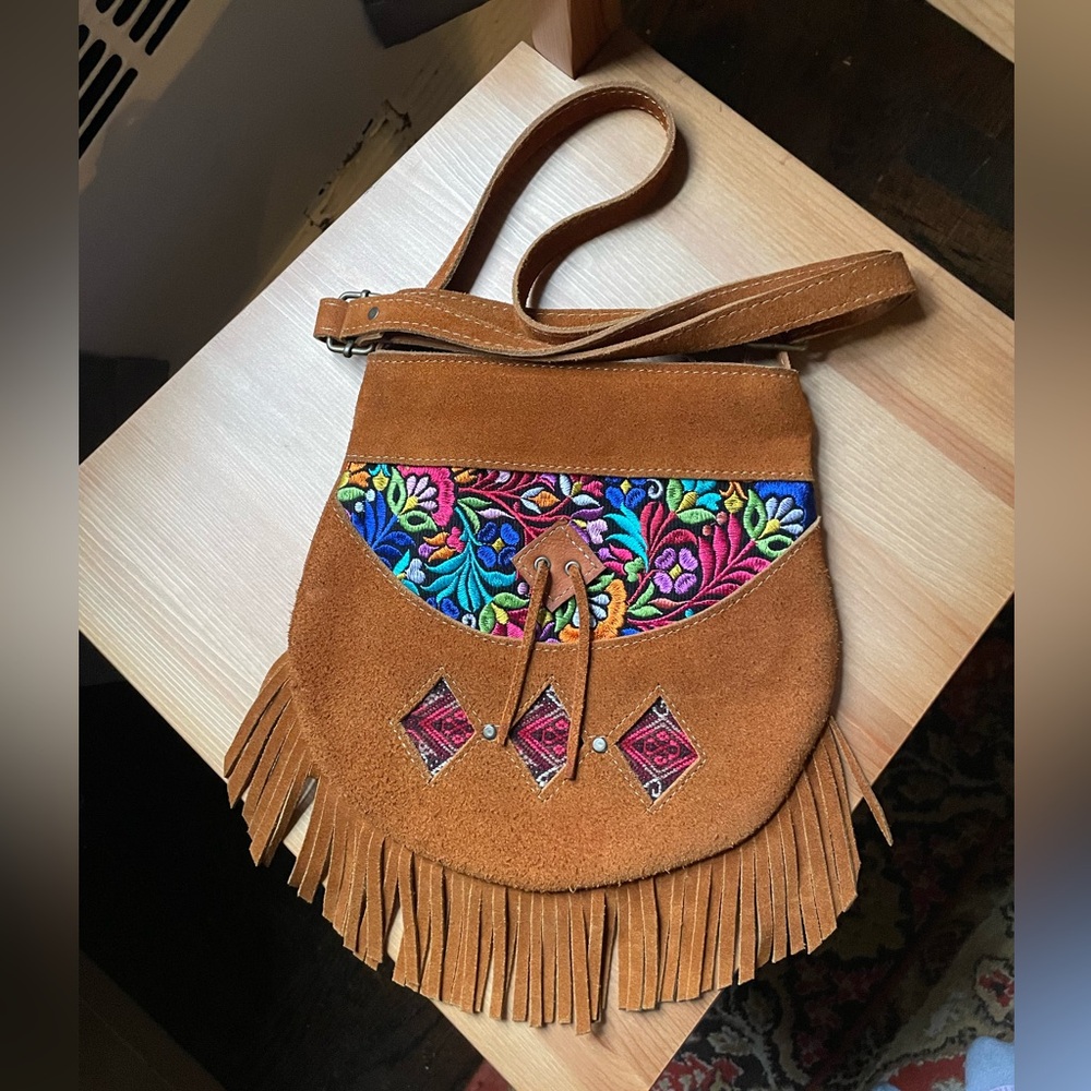 Lema Aparino Fringed Floral Embroidered Suede Shoulder Bag